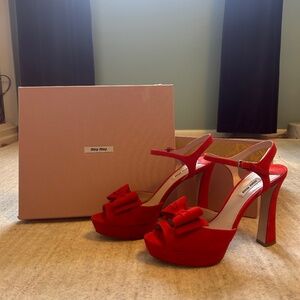 Miu Miu Red Suede peep toe with bows